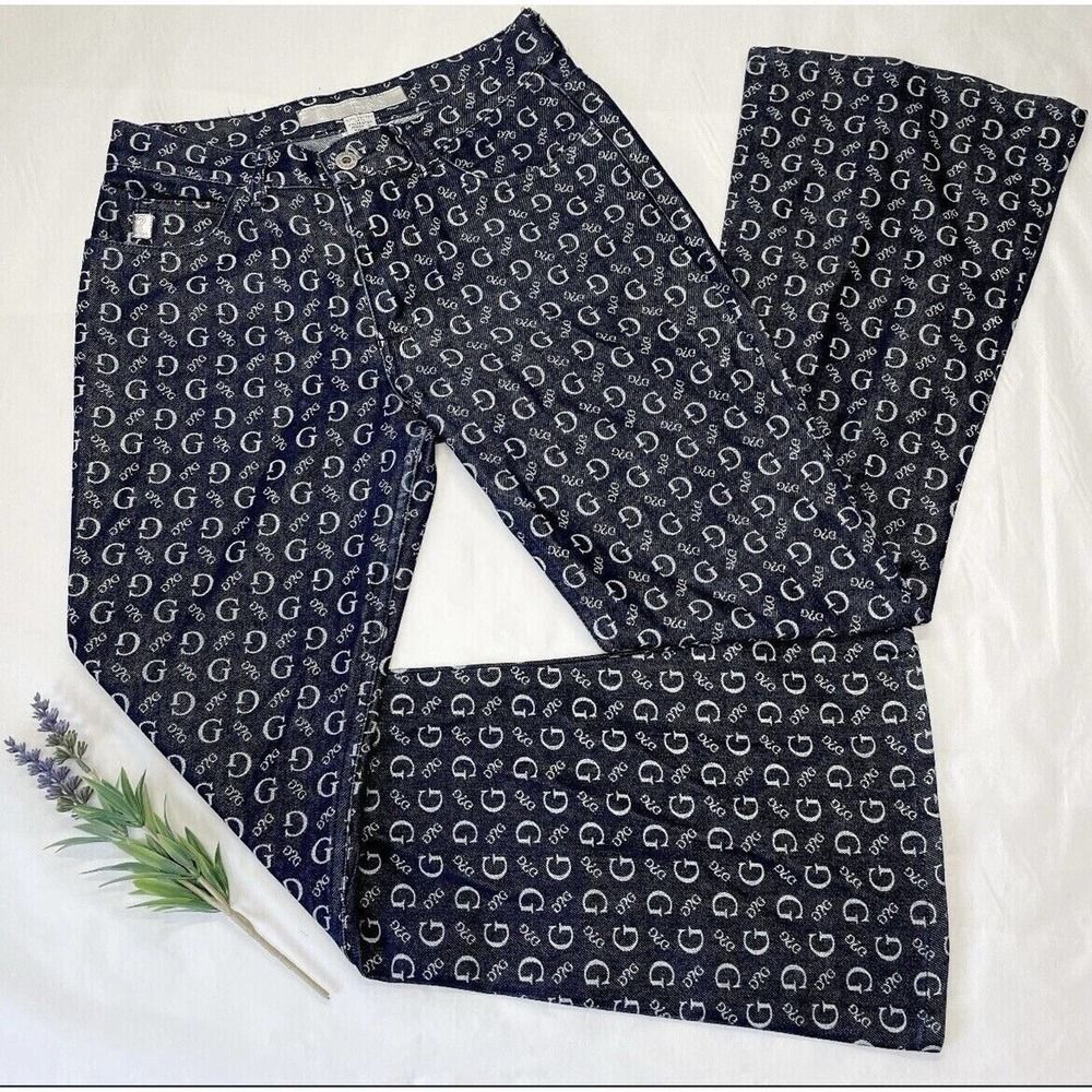VTG 90's Guess Women's Pants Jeans All Over Logo Print Retro Blue Size 29 (32")